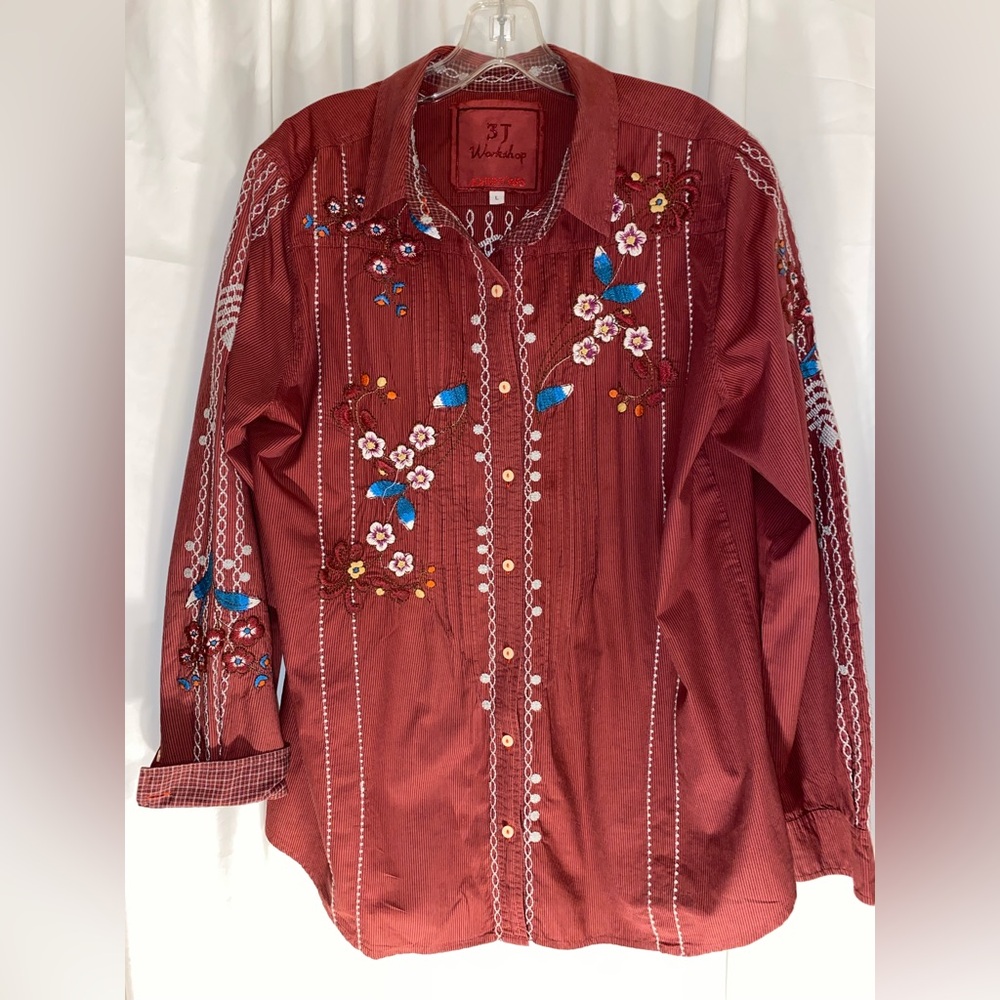 Johnny Was 3J Workshop Rust Mini Pinstripe L/S Floral Embroidery Pintuck Shirt L